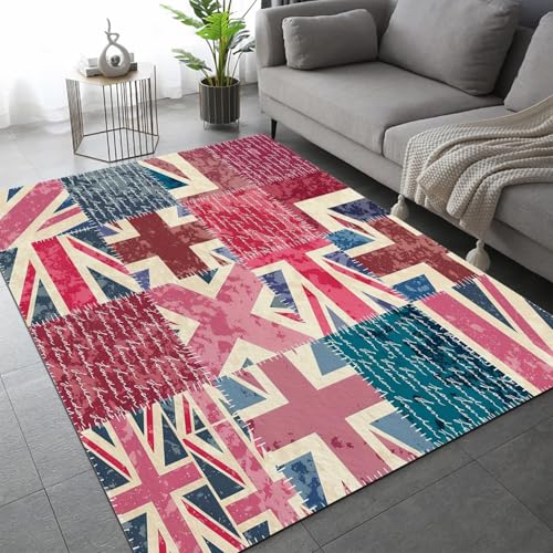 Buohwiwe Tapis Salon Drapeau Britannique 80x150cm Chambre Tapis Union Jack Antidérapant Lavable Doux Poils Courts Decoration 3D Style Industriel Paillasson...