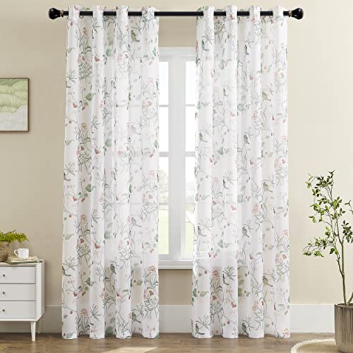 Image of XTMYI White Sheer Curtains 96 Inches Long 2 Panel Set, Green Floral Tree Branch Patterned, 8FT Floor to Ceiling Curtains for Living Room Sliding Glass Patio Doors
