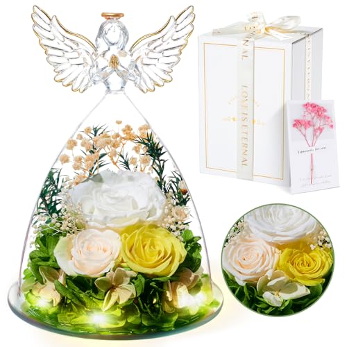 Regalos Originales para Mujer Día de la Madre, Rosa Eterna Flores Preservadas en Ángel Figura, Regalos para Mamá Madre Abuela Esposa Novia, Cumpleaños Navidad Acción de Gracias Aniversario, Blanco