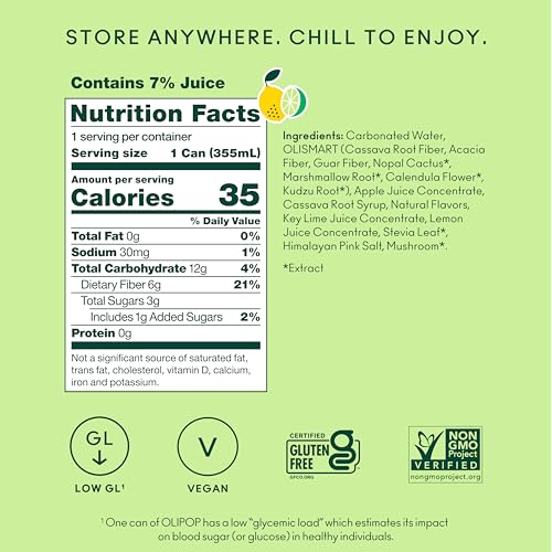 Image of OLIPOP Prebiotic Soda Pop, Lemon Lime, Pantry Pack Packed with Prebiotics, Fiber, and Botanicals, Gluten Free, GMO Free, 12oz (12-Cans) (Packaging May Vary)