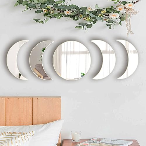 5-Piece Acrylic Mirror Wall Stickers - Self-Adhesive Moon Phase Mirrors - Bohemian Wall Decor for Home, Living Room, Bathroom, Bedroom (20cm)