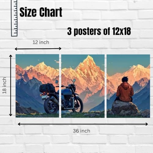 Image of Split Poster Wall Art Set - High Resolution Triptych Mountain Adventure Motorcycle Print - 300 GSM Glossy Paper - Scenic Travel Artwork for Bedroom, Office, Living Room & Gaming Decor (A4 size 9 inchx12 inch)