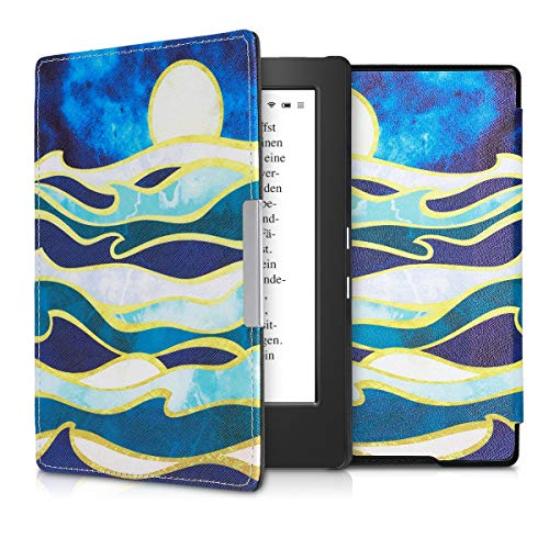 kwmobile Case Compatible with Kobo Aura H2O Edition 1 - PU e-Reader Cover - Moon and Waves Dark Blue/Coral/Gold