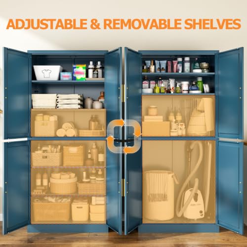Image of Wanfu 71 inch Tall Pantry Cabinet, Metal Kitchen Pantry Cabinet with 4 Doors and 4 Adjustable Shelves, Kitchen Pantry Storage Cabinets, Metal Storage Cabinet for Kitchen, Dining Room, Living Room-Blue