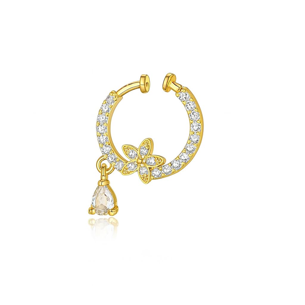 cz stone Beautiful Gold Plated American Diamond Nose Pin with Floral Motif-picture-44