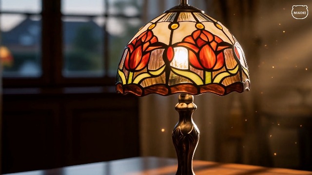 Image of 8'' Stained Glass Table Lamp, Vintage Desk Bedside Night Light