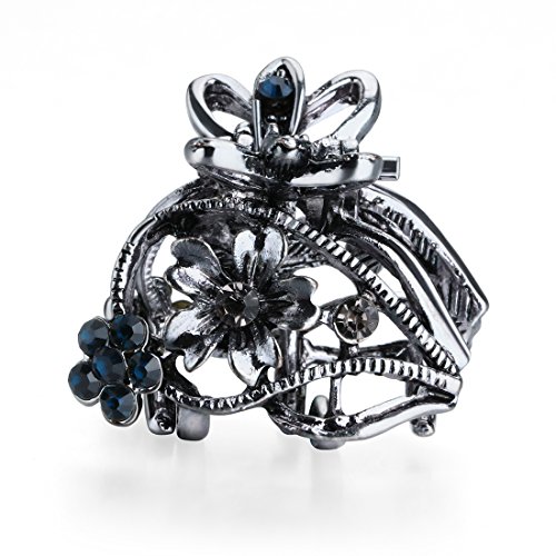 Cottvott Ancient Silver Color Mini Hair Claw Clips Accessory Small Flower Vintage Metal Hairpin for Women (Hollow Flower-Blue Gray)