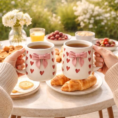 Image of The Deluxe Creations Ceramic Coffee Mug Set of 2 | Handcrafted Bow & Heart Design | Elegant Gift-Style Tea & Coffee Cups | Ideal for Gifting, Couples & Home Decor (Pink Bow Design)