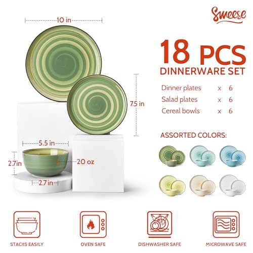 Image of Sweese Plates and Bowls Sets, 18 Piece Dinnerware Set Porcelain Round Dinner Set for 6, Scratch Resistant Dishes Set, Dishwasher and Oven Microwave Safe Handpainted Swirl Dishware Sets, Assorted Green