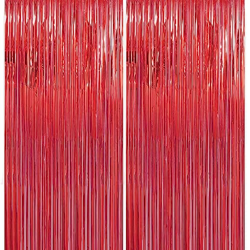 Image of 2 Pack 3.28 ft x 6.56 ft Red Tinsel Curtain Party Backdrop - Metallic Foil Tinsel Fringe Backdrop Door Fringe for Halloween, Christmas, Birthday Graduat
