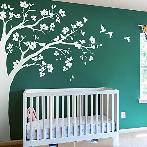 Large Corner Tree Wall Decal with Big Blossoms, Birds and