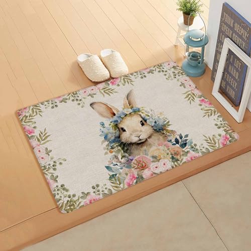 Easter Rabbit Kitchen Bath Door Mat Cushioned Runner Rug,Washable Welcome Floor Sink Antifatigue Mat,Waterproof & Non-Slip Comfort Standing Doormat,Easter Bunny Botanical Rose Blue Flower 24