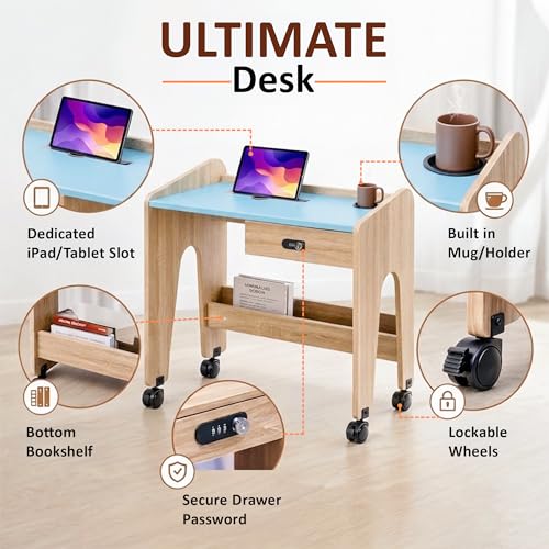 Image of Alex Daisy Movers Kids Study Desk with Lockable Wheels, Scratch-Resistant Top, Lockable Drawer, iPad Slot & Cup Holder | Compact Kids Study Table with Storage Shelf (Blue)