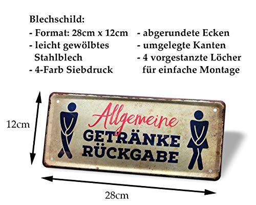 Blechschild Getränkerückgabe - Toilettenschild Gästetoilette Hinweisschild Schild Toilette WC Klo Restaurant Bar Club Disco Hotel Pension - Türschild mit Piktogramm - inkl. Befestigungs-Set - 28x12cm