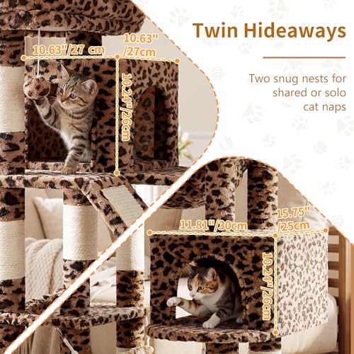Image of Heybly Cat Tree, 71-Inch-Tall Tower for Indoor Cats with 2 Perches HCT034BW | Large Cat Furniture with 2 Big Condos, 2 Hammocks, Basket, Scratching Pad, Multi-Level Cat Condo, Leopard Print
