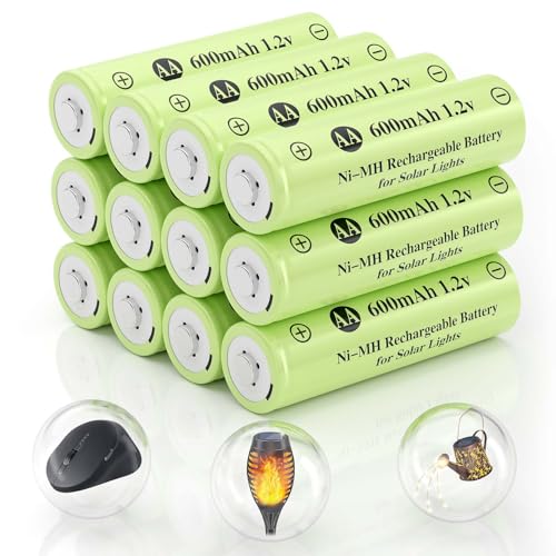 JiajaX AA 1.2v Ni-MH Rechargeable Batteries AA 600mAh 1.2V Solar Batteries Double A Pre-Charged Batteries for Outdoor Solar Lights Pathway Lights (AA 600mAh-12pack)