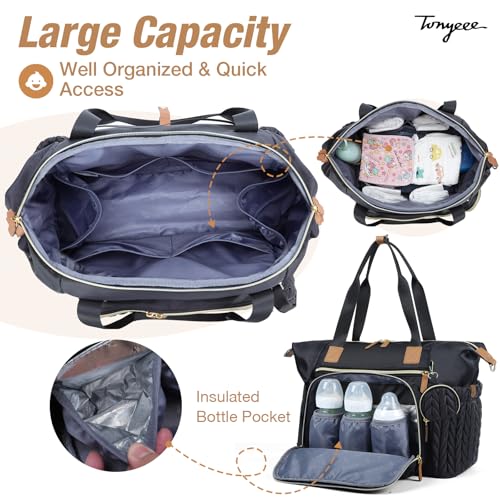 Image of Diaper Bag Tote, Large Baby Hospital Bag for Labor Delivery Mom | Travel Diaper Tote with Changing Pad, Pacifier Case, Insulated Pockets, Luggage Sleeve, Shoulder Strap, Quilted Black