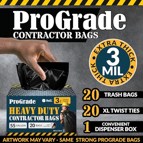 Reli. Contractor Garbage Bags 55 Gallon | 20 Trash Bags | Heavy Duty | Black Contractor