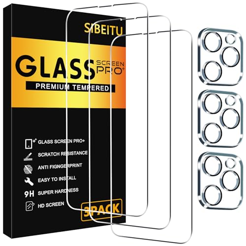 SIBEITU 3 Pack Screen Protector for iPhone 14 Pro with 3 Pack Camera Lens Tempered Glass Protector, 6.1 Inch HD Clear Tempered Glass Film 9H Hardness Scratch Resistent, No Air Bubbles