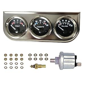 Chrome 3 in1 Triple Auto Gauge Meter Kit 52mm (8-16V Volt Meter +100-250℉ Water Temperature Gauge+ 0-100 psi Oil Pressure Meter) with Black Console for 12V Cars