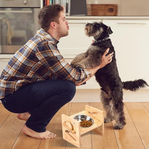 PORFOYO Erhöhter Futternapf für Hunde und Katzen, 4-fach höhenverstellbar, aus Holz mit Edelstahlnapf für kleine und mittelgroße Hunde