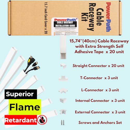 Cable Management Kit | 20 Pack x 15.7” PVC Wire Hider with Connectors | T & L Corners | Inside & Outside Corners | Screws | Paintable Wall Cord Cover for TV, Home & Office | Home Office Essentials by PowerPath - Used condition - Image 2