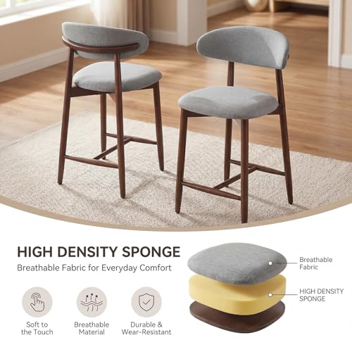 Image of MALOL Counter Height Bar Stools Set of 2, Kitchen Bar Stools with Back, Mid Century Modern Upholstered Barstools with Wood Legs for Kitchen Island Dining Room, Light Grey