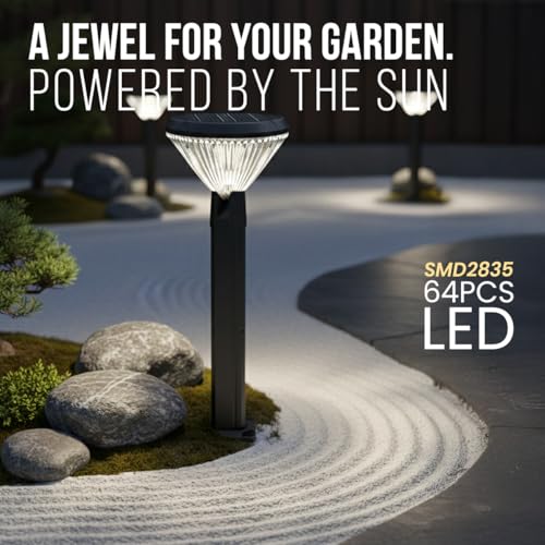 Image of hardoll Solar Gate & Garden Outdoor Lights for Home 8800mAh Battery, IP65 Waterproof, 64 LEDs, 3 Color Modes (Warm /Cool /Neutral), Remote Controlled, Round Shaped Pillar Lamps with Pole(Pack of 2)