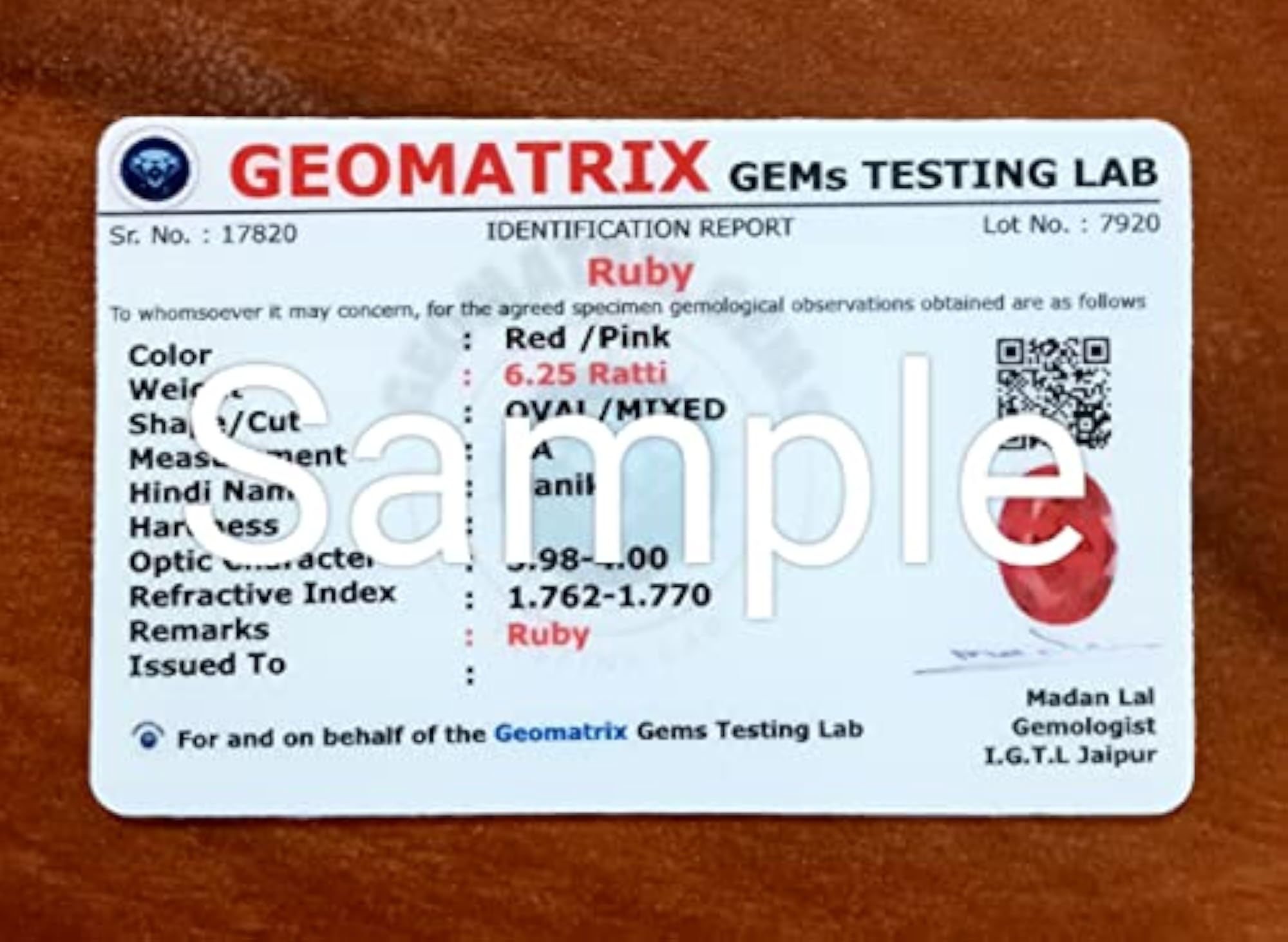 Ruby Manik (Pota) Birthstone Stone, Certified Natural