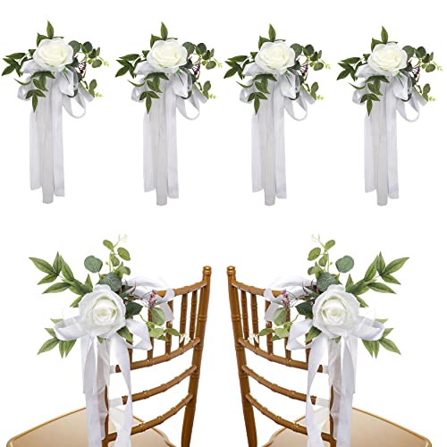 DRYFAL Lot de 6 roses blanches pour décoration de chaise d'allée de mariage avec feuilles et rubans pour décoration de chaise d'église, banc