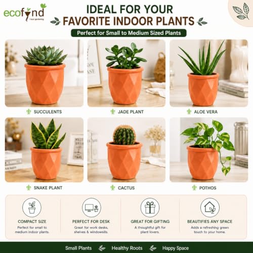 Image of ecofynd 4 Inch Ceramic Plant Pots with Drainage Hole, Modern Decorative Clay Flower Pots for Indoor Plants, Home Garden Decor for Living Room, Bedroom & Interior Spaces (Pack of 2, CPOT043-PEH)