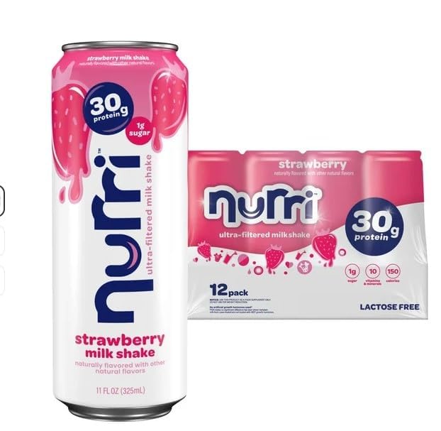 Nurri - 30g Protein Ultra Filtered Milk Shake – Strawberry - Lactose Free, Low Sugar, 150 Calories, 10 Vitamins and Minerals - 11 fl oz, 12 Cans