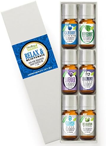 Relax & Rejuvenate Set (Organic) 100% Pure, Best Therapeutic Grade Essential Oil Kit - 6/10mL (Calm Body/Calm Mind, French Lavender, Harmony, Peppermint, Cleanse Body & Mind, and Relaxation)