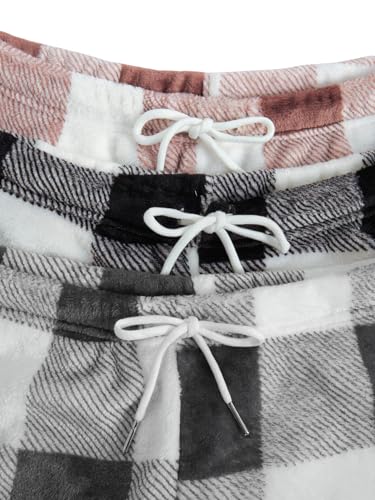 Verdusa Women's 3 Pack Fuzzy Buffalo Plaid Pajama Shorts Tie Front Elastic Waist Cute Sleep Lounge Pj Shorts3