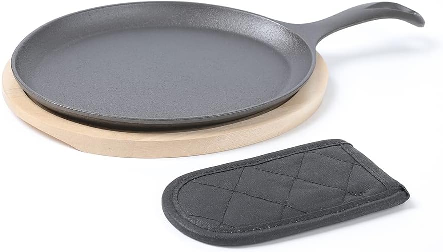 HAWOK Cast Iron Fajita Plate Sizzler Pan Set with Wooden Tray and Handle Holder, Pre-seasoned Cast Iron Skillet with Wooden Base and Handle Cover