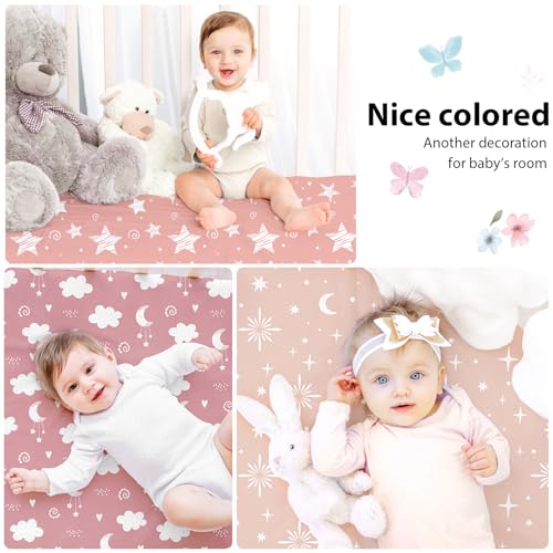Image of Baby Crib Sheets Girl, 3 Pack Toddler Bed Sheets Fit for 52 inchx28 inch Standard Crib and Toddler Mattresses, Super Soft Microfiber Pink Stars