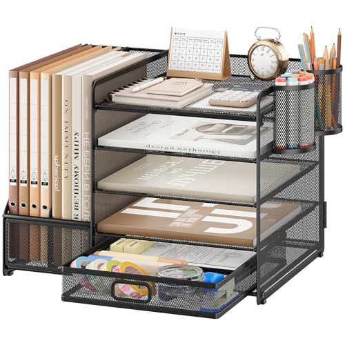VITVITI Robuste Organisateur de Bureau avec Porte-Documents, 5 Niveaux - Porte-Lettres avec Tiroir et 2 Porte-Stylos - Compartiments de Rangement en Maille...