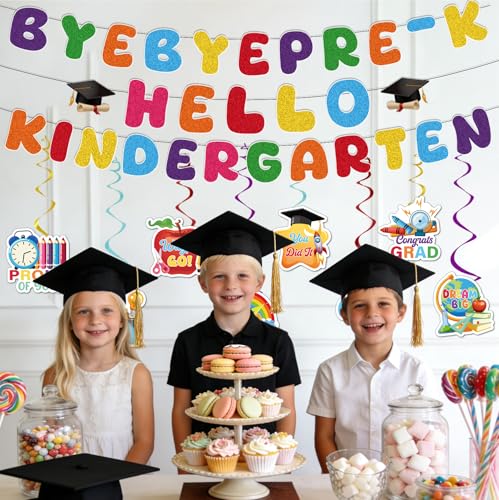 Image of Preschool Graduation Decorations, 11PCS Bye Bye Pre-K Graduation Banners Hanging Swirls Party Decor, Colorful Next Stop Kindergarten Congrats Grad Party Supplies