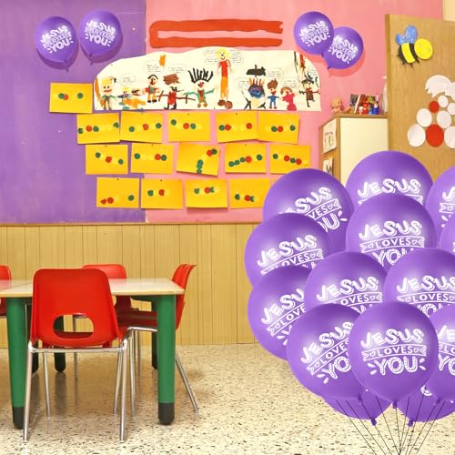 Image of Gejoy 60 Pcs Jesus Loves You Balloon 12 Inch Latex Christian Religious Jesus Balloon Party Decor for He Is Risen Party Decor Favor Cross Church Event Birthday Sunday Supplies(Purple)