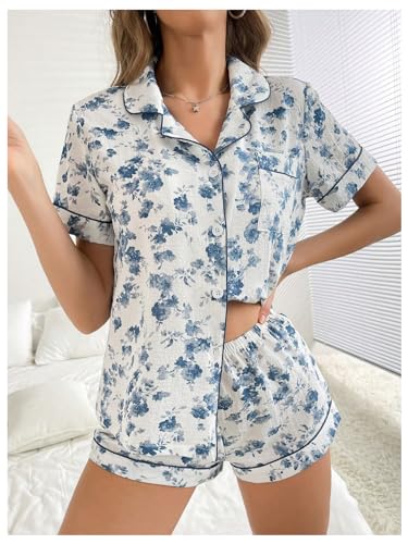 Image of SHENHE Women's 2 Piece Pajama Set Bow Graphic Button Down Short Sleeve Lapel Shirt Pj Short Set