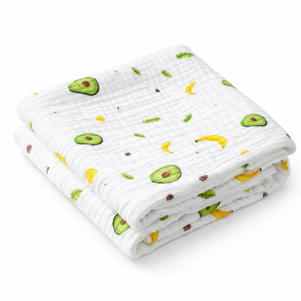 BASEEFY Baby Muslin Cotton High Density Bath Towel for Newborns-Extra Soft and 6 Layers Absorbent Swaddle for Toddlers-Natural Smooth Printed Blanket for Infants 55 X 110 CM (Avacado Bana)-image-24