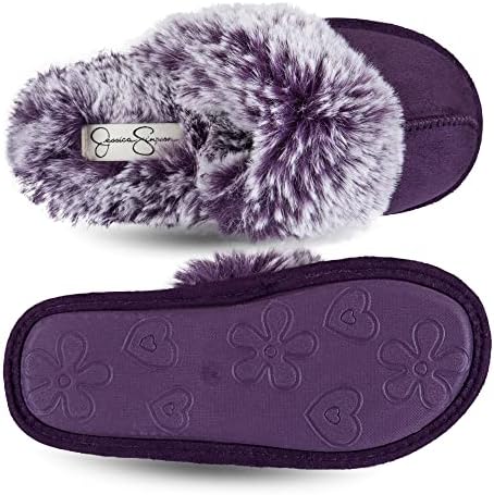 Jessica Simpson Girls Comfy Slippers - Cute Faux Fur Slip-On Shoes Memory Foam House Slipper, Purple, Large Little Kid | Image 5