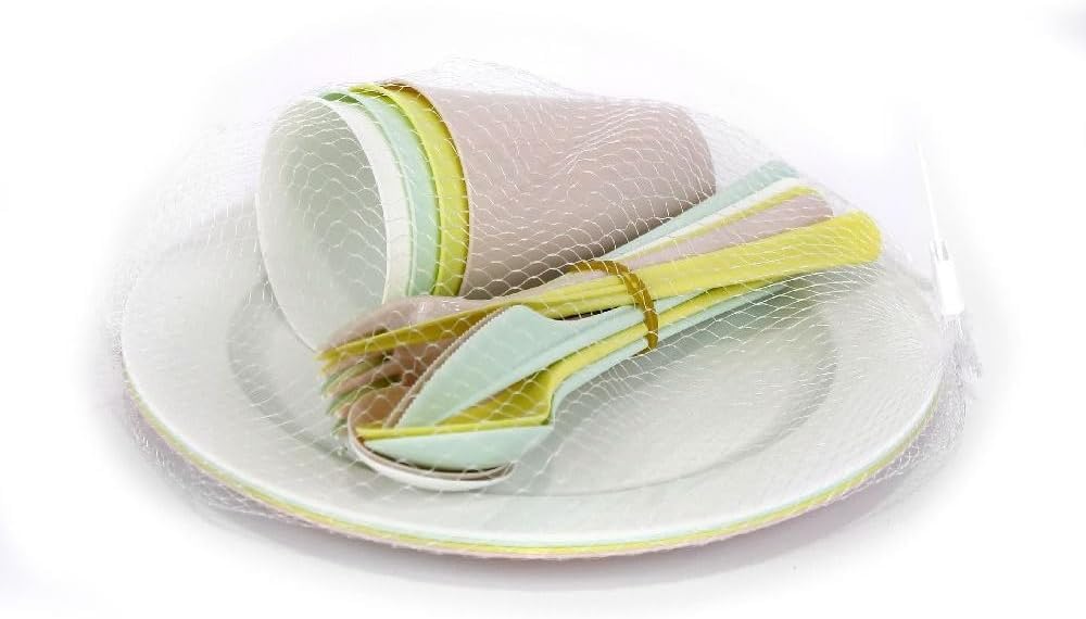PARENCE.- Set de Pique Nique 20 Pièces - Assiettes, Couverts, Verres - Lot 20 Pièces Camping en PVC Réutilisable, Polyvalent, Complet, Pastels