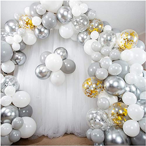 White Silver Birthday Party Latex Balloon Decorations, 66 Pack Silver Metallic Chrome Party Balloon Set with 16ft Strip and Dot Glue for Wedding Birthday Baby Shower Decorations