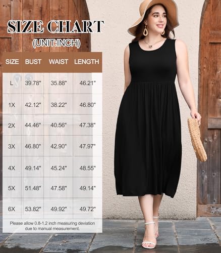 Image of LARACE Women's Plus Size Sleeveless Maxi Dress Casual Crew Neck Pleated Flowy Long Dresses with Pockets L-6XL