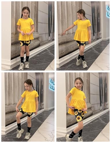 Image of Arshiner Girls Summer Outfits Short Sleeve Ruffle Hem Top and Biker Shorts Set Girl Clothes 4-15 Years