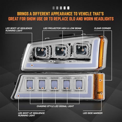 Image of DNA MOTORING Pair Full LED Projector Sequential Headlights Compatible with 03-06 Chevy Silverado 1500 2500 3500 1500HD 2500HD, Start-Up Sequential DRL, Chrome /Amber, HL-HP8-CSIL03-4P-CH-AM