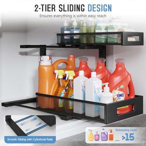 Image of 1 Pack 17IN Depth Under Sink Storage Organizer, Large 2-Tier Elegant Mesh Pull Out Shelf for Kitchen and Bathroom Cabinet Organization, L-Shaped and Adjustable Height Design-Black
