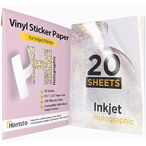 Holographic Sticker Paper, Printable Vinyl Sticker Paper for Inkjet Printer - 20 Sheets Waterproof Sticker Decal Label Paper - Adhesive Printer Paper, Letter Size 8.5" х 11" Cover