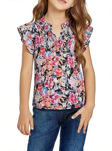 Image of Haloumoning Girls Ruffle Short Sleeve Floral Chiffon Blouses Kids Summer Shirts Tops 5-14 Years